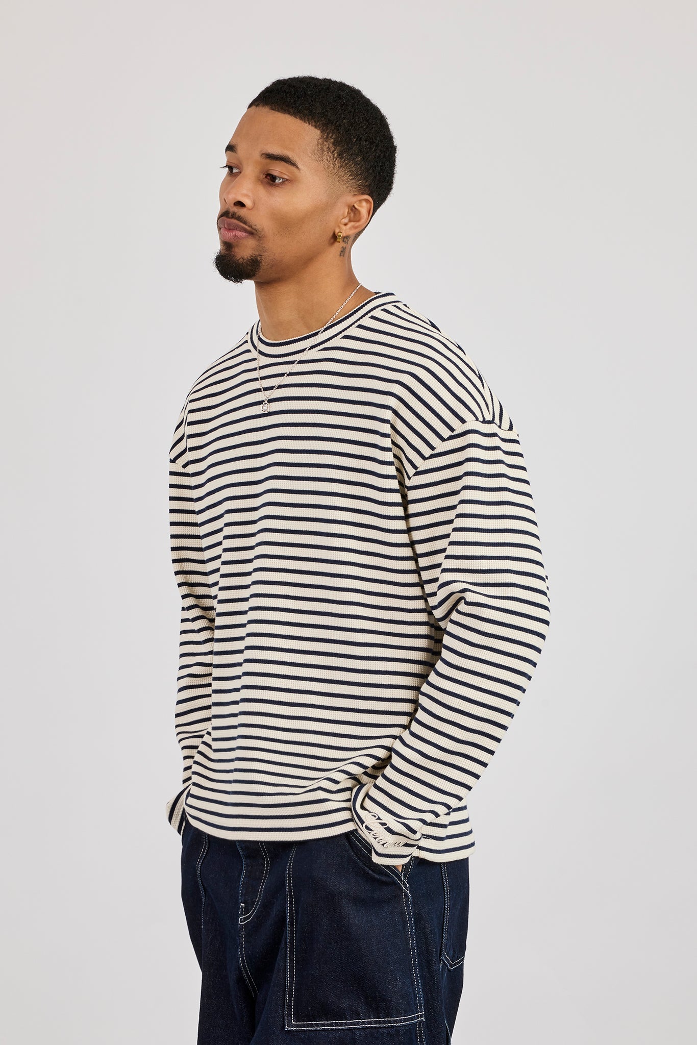 Long Sleeve Waffle Stripe T-Shirt - Navy